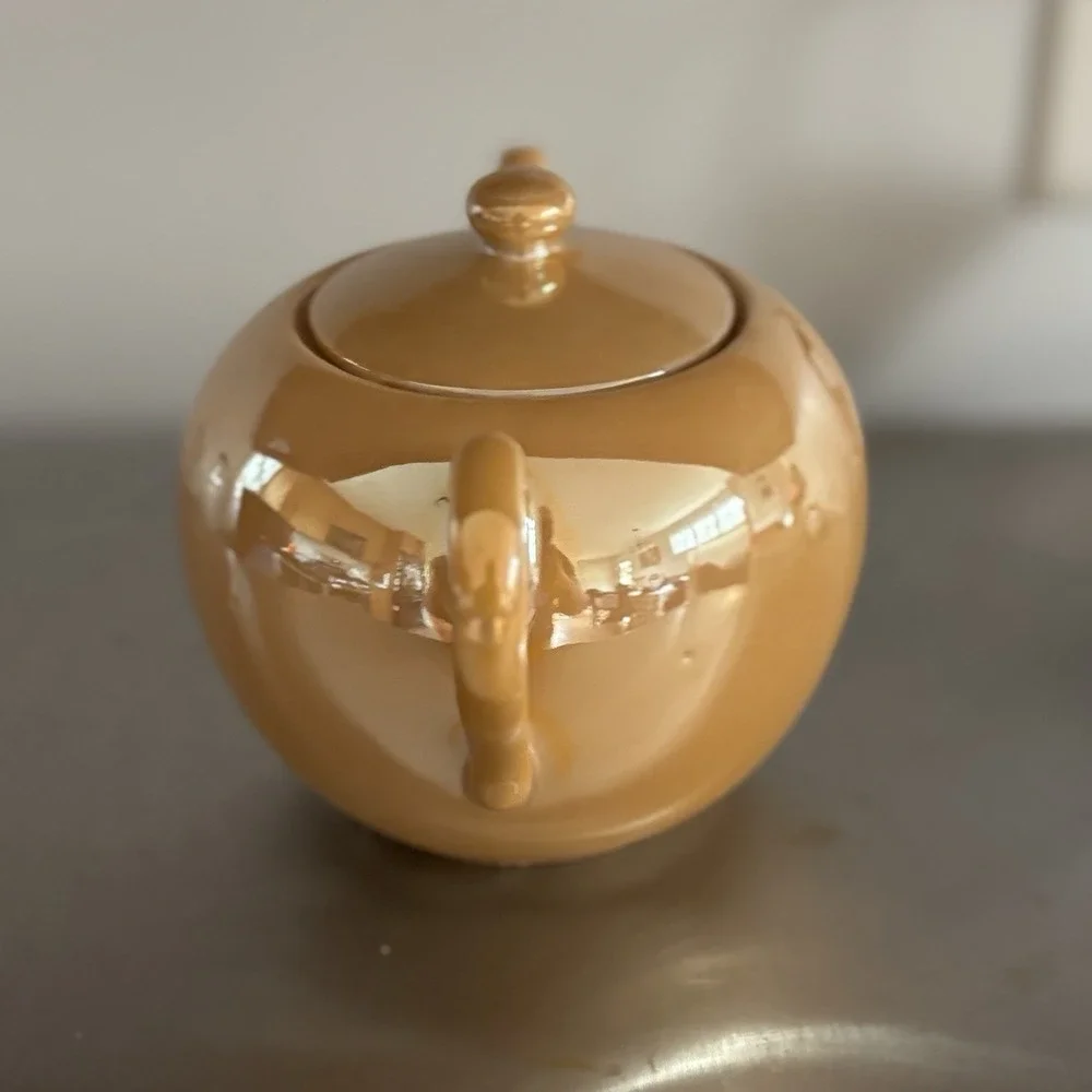 Vintage Orange Yellow Gold Luster ware Iridescent Teapot And Sugar Made In Japan